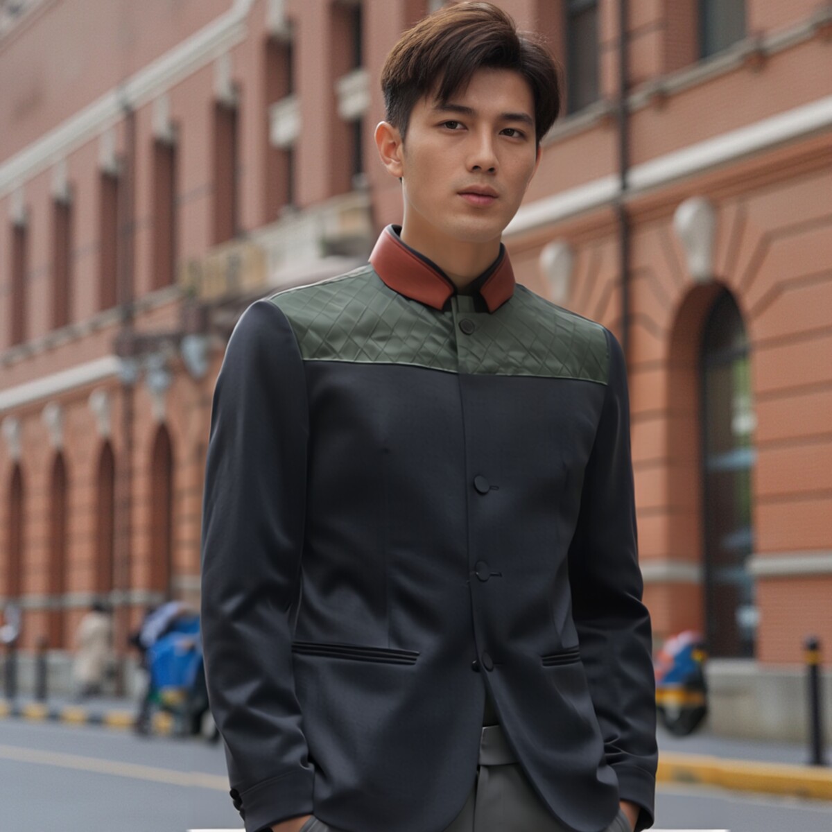 *周道*Dsqiarsri韩系时尚立领两穿藏蓝青年修身男单西服便装上衣