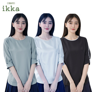 *周道*外贸原单日系ikka女圆领套头七分袖衬衫T恤通勤荷色夏凉快