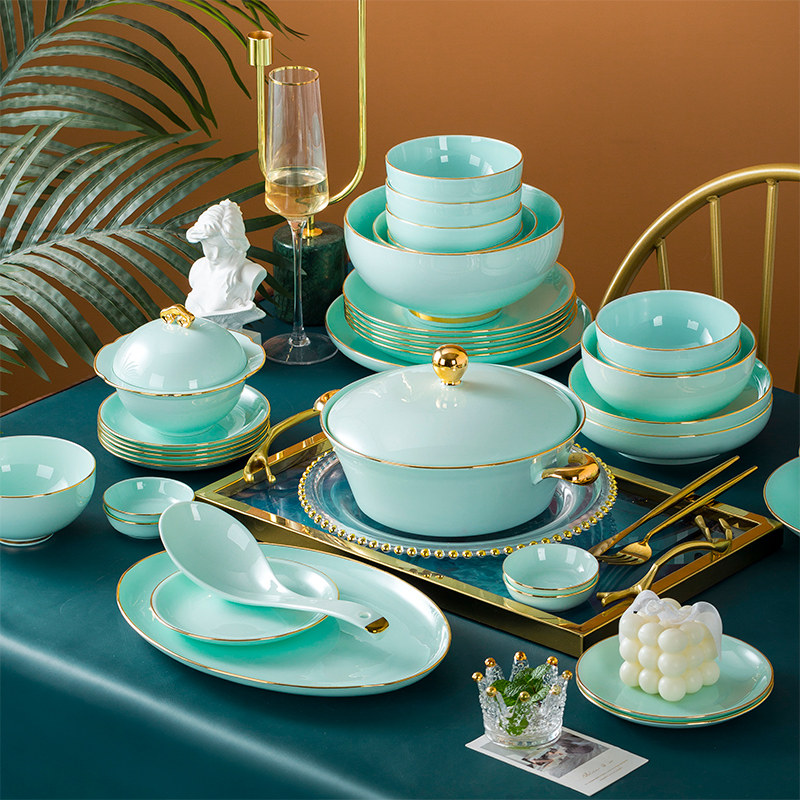 自由组合碗盘 青瓷碗碟套装 家用欧式金边创意 景德镇陶瓷餐具