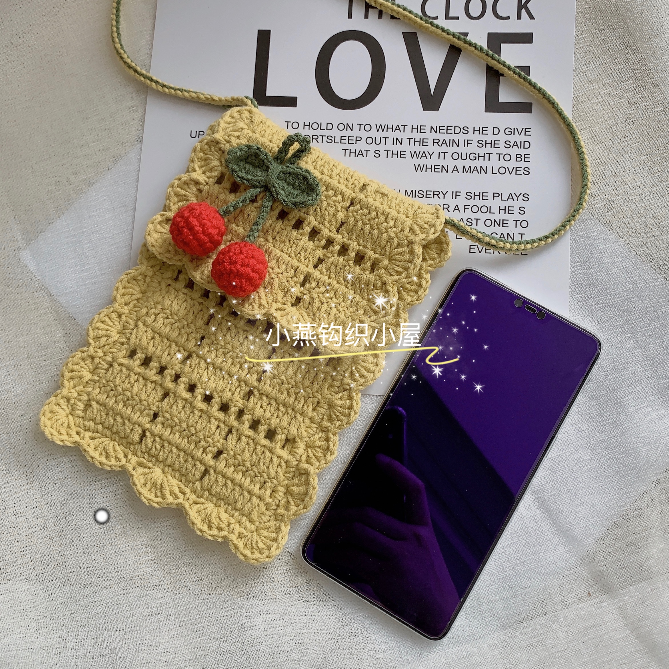 小燕钩织小屋 diy 樱桃手机包材料包  钩针编织雪妃尔毛线 非成品