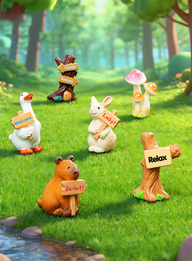 微景观简约创意路标举牌兔子水豚动物 DIY装饰品迷你桌面车载摆件