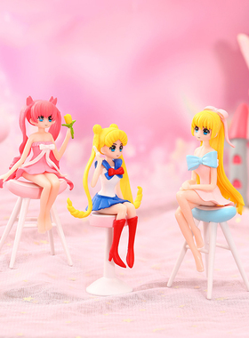 微景观简约现代塑料工艺品可爱卡通人物美少女凳子家居园艺装饰品