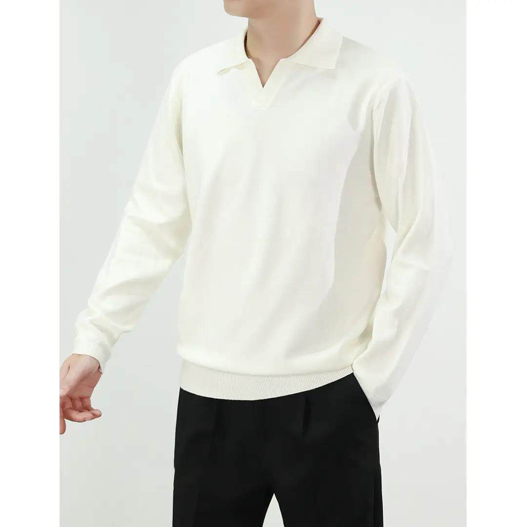 轩染男装春季翻领针织衫薄款毛衣套头衫打底衫黑色打底男长袖上衣