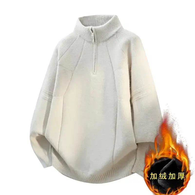 古牧服饰秋冬青少年纯色半高领半拉链针织衫学生加绒加厚保暖毛衣