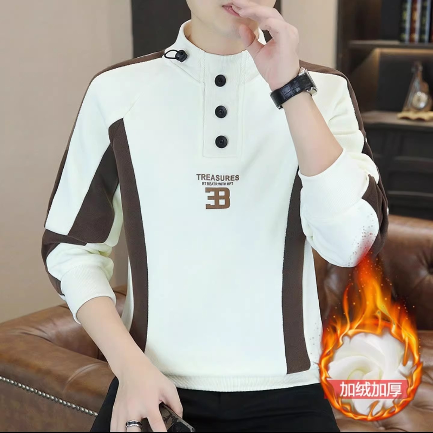 宏嫩男装飞行员卫衣男士秋冬立领打底衫加绒保暖奥粒绒休闲上衣男