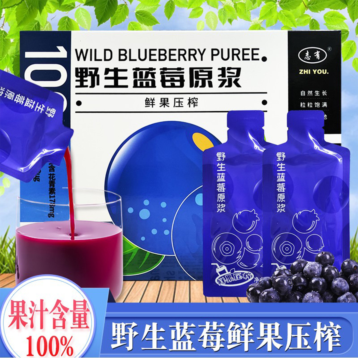 伊春志有果汁含量100%蓝莓原浆沙棘原浆30克*10袋*6盒果汁果饮品