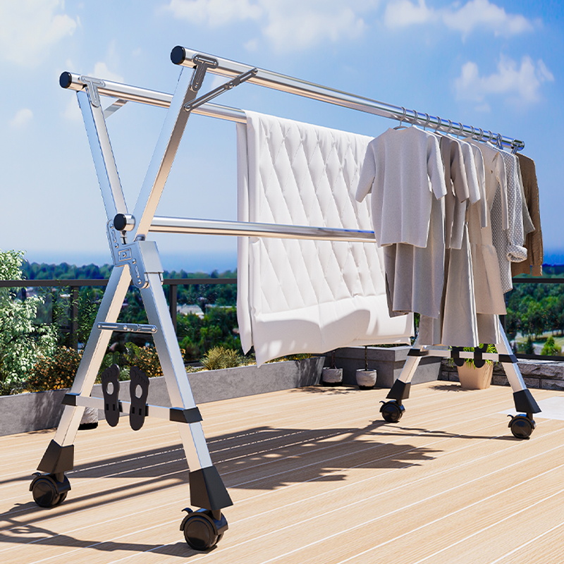 折叠晾衣架落地阳台卧室室内家用不锈钢室外凉伸缩杆式晒被子神器