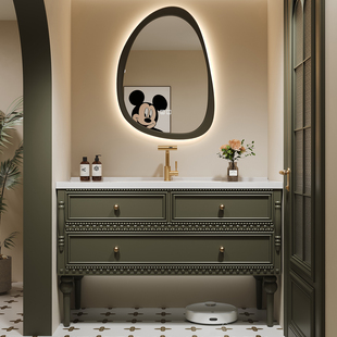 法式 复古橡木浴室柜组合落地卫生间岩板洗漱台陶瓷一体洗手脸盆柜