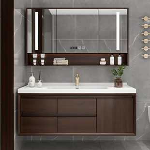浴室柜组合智能新中式 橡木岩板台面定制盆卫生间洗脸洗手盆洗漱台