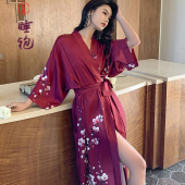 薄款 性感晨袍女新娘伴娘团冰丝绸结婚睡衣睡袍红色浴袍女长款 夏季