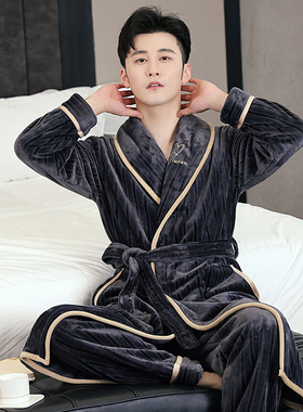 男睡袍珊瑚绒加厚加绒冬季法兰绒睡衣套装男士裤秋冬长款保暖浴袍