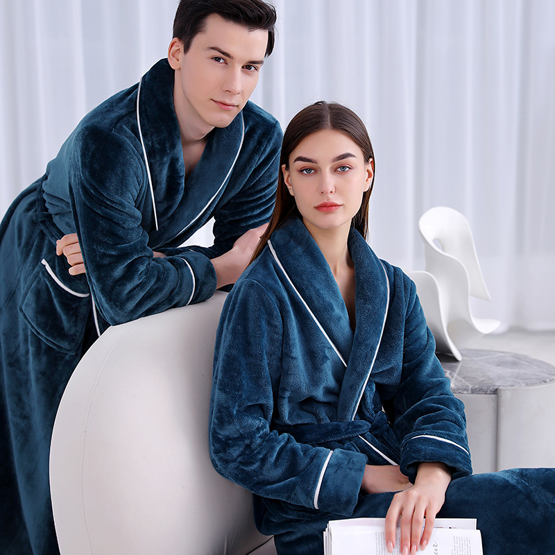 法兰绒情侣珊瑚绒加长款睡袍