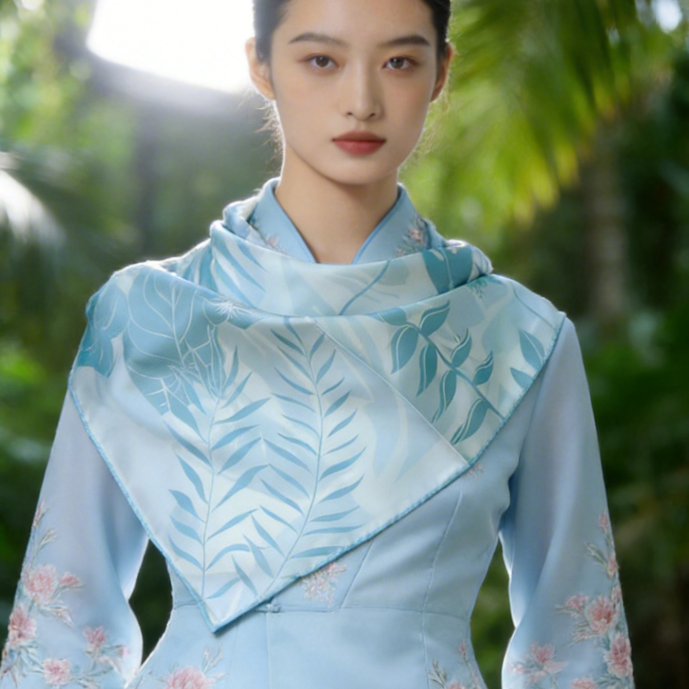 VIESCA新品100%真丝丝巾中国风海南热带雨林简影插画披肩送礼