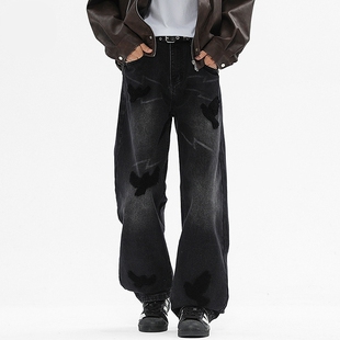 复古水洗美式和平鸽毛巾绣直筒弹力牛仔裤男士高端宽松潮流裤子