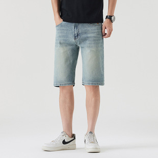 男士 中裤 薄款 夏季 潮牌休闲五分裤 牛仔裤 美式 复古蓝灰色街头风 新款