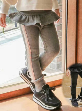 女童加绒运动裤韩国童装FLO秋冬洋气荷叶边休闲裤保暖裤加厚长裤