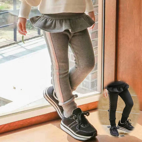女童加绒运动裤韩国童装FLO秋冬洋气荷叶边休闲裤保暖裤加厚长裤