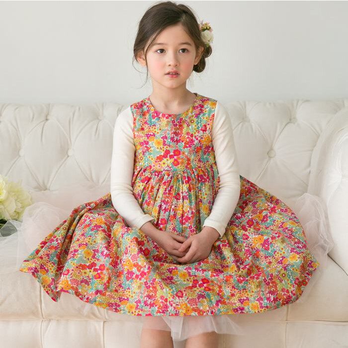 现货 韩国进口童装正品Merrykate2018春秋女童碎花拼接长袖连衣裙