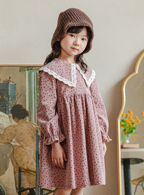 女童公主裙韩国童装PinkBerry2021秋冬宝宝灯芯绒大翻领花边a字裙