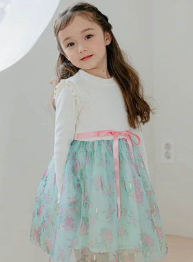 女童连衣裙韩国童装PinkBerry2023春洋气印花网纱花边长袖公主裙
