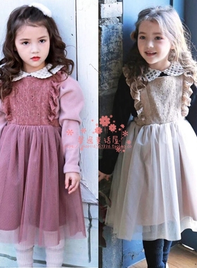 韩国童装FLO2019冬季新女童宝宝洋气针织毛衣背心网纱加绒背带裙