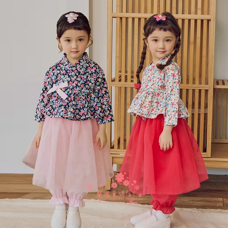 女童韩国童装COCORIBBON2022春季碎花改良韩服民族风汉服裙裤套装