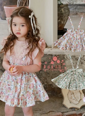 女童背带半身裙韩国童装FLO2022新夏季宝宝碎花荷叶边纯棉a字短裙