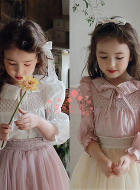 女童衬衫韩国童装FLO2021春季女宝宝淑女荷叶领系带泡泡袖娃娃衫