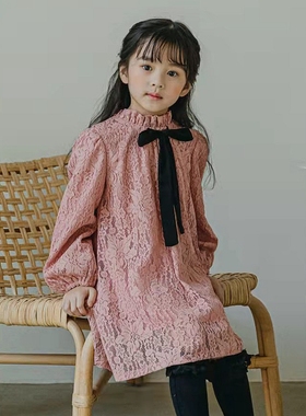 女童连衣裙韩国童装PinkBerry2022春季复古花边泡泡袖蕾丝公主裙