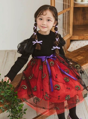 女童公主裙韩国童装PinkBerry2023秋冬万圣节针织加厚长袖连衣裙