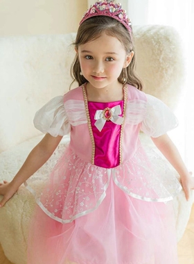 女童公主裙韩国童装PinkBerry2023夏季蕾丝网纱泡泡袖短袖连衣裙