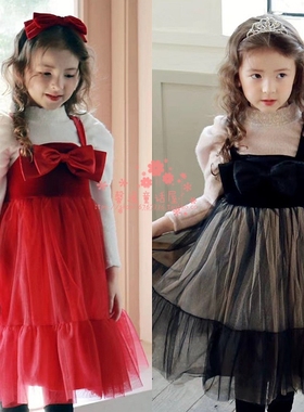 韩国童装女童FLO2020冬季新金丝绒圣诞新年蝴蝶结加绒吊带连衣裙