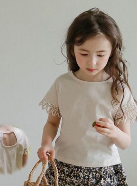 女童短袖韩国进口童装FLO2021夏季女宝宝洋气镂空花边纯色露背T恤