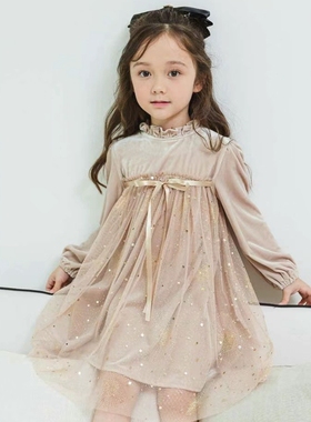 女童连衣裙韩国童装PinkBerry2023秋冬花边领丝绒网纱亮片公主裙