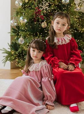 女童韩国童装PinkBerry冬季宝宝圣诞蕾丝荷叶领金丝绒长款公主裙