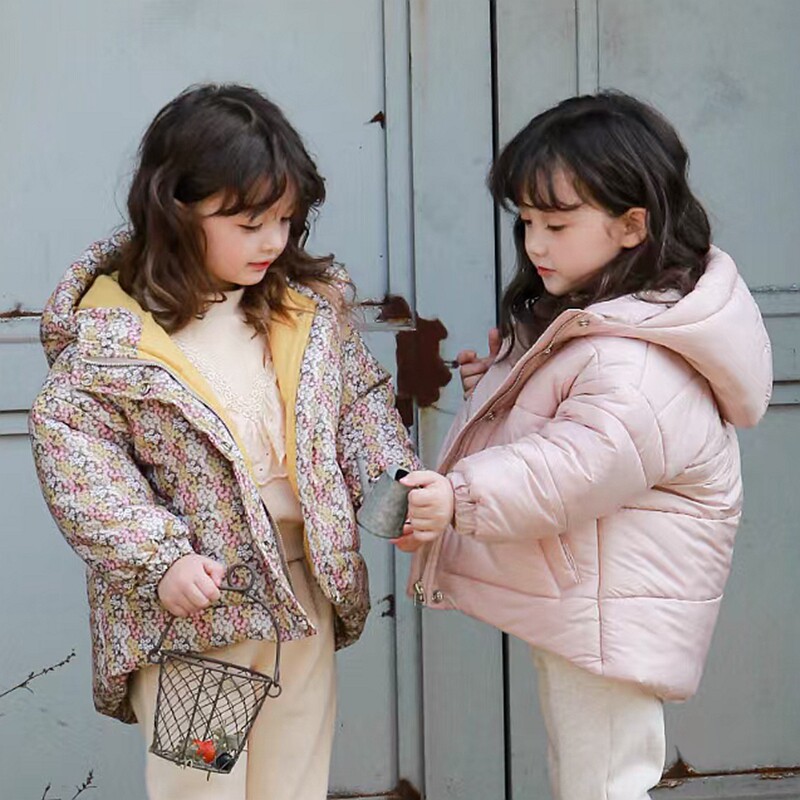 女童棉服韩国童装FLO2021冬季洋气碎花可爱连帽拉链休闲加绒外套