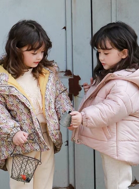 女童棉服韩国童装FLO2021冬季洋气碎花可爱连帽拉链休闲加绒外套