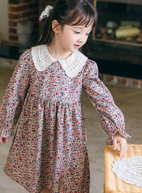 女童连衣裙韩国童装PinkBerry2022秋季洋气碎花细条绒灯芯绒长袖