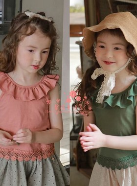 女童短袖韩国童装FLO2021夏季宝宝淑女荷叶领露背镂空花边背心T恤