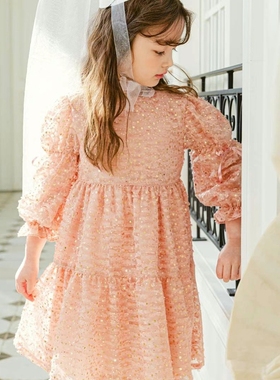 女童长袖连衣裙韩国童装PinkBerry2023春季宝宝亮片泡泡袖公主裙