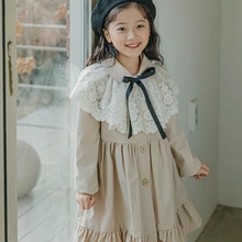 女童风衣韩国童装PinkBerry2022春季蕾丝披肩荷叶边公主防风外套