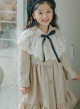 女童风衣韩国童装PinkBerry2022春季蕾丝披肩荷叶边公主防风外套