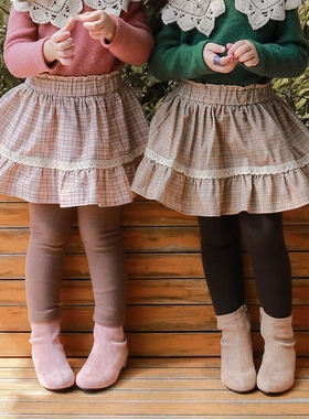 女童加绒裤韩国童装FLO2021冬季新公主田园风格子花边假两件裙裤