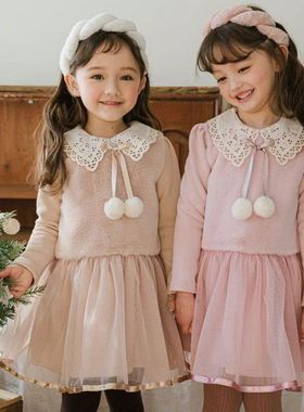 女童连衣裙韩国童装PinkBerry2022冬季可爱毛绒球网纱加绒公主裙