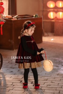 Jamiya女童连衣裙2025秋冬新款儿童新中式国风丝绒背心裙拜年服