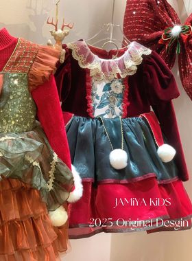 Jamiya女童洛丽塔公主裙25秋冬儿童圣诞节礼服宝宝红色连衣裙新年