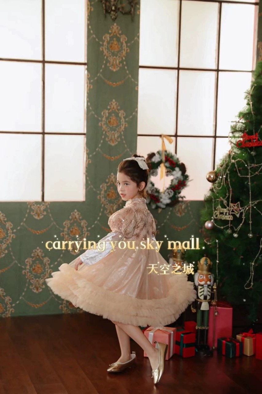 天空之城女童连衣裙25秋冬儿童小女孩钢琴演出服香槟金高级礼服