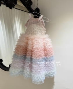天空之城女童连衣裙2026春夏儿童女孩渐变彩色网纱公主裙生日礼服
