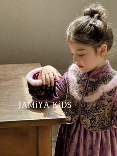 Jamiya女童连衣裙2025秋冬新款儿童洋气新中式国风丝绒裙拜年服