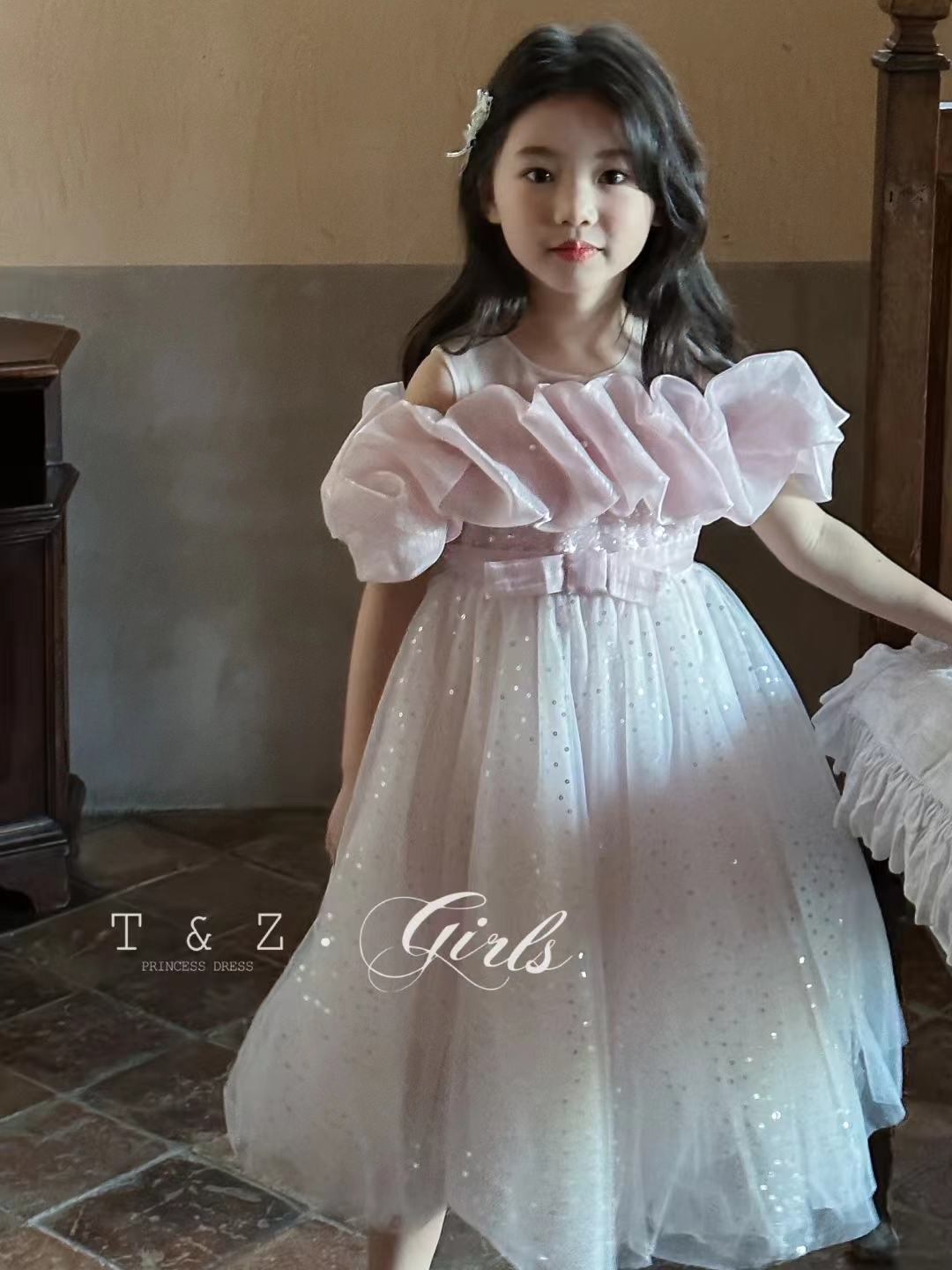 女童钢琴演出主持礼服公主裙香槟色高端小众洋气大童生日宴晚礼服